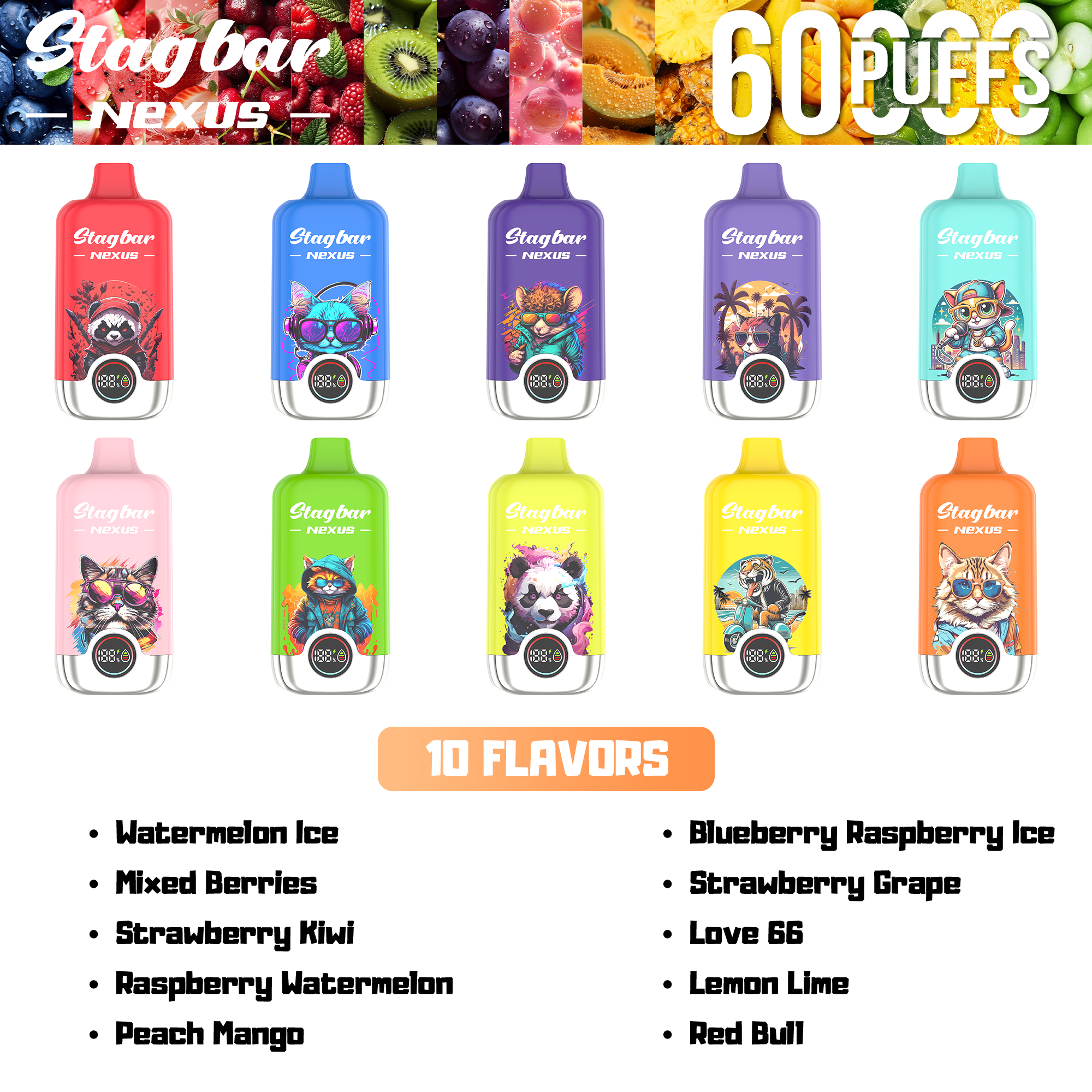 LINKUPGOGO Stagbar Nexus 60000 Puffs disposable vape 10 flavors set with colorful animal design and LED screen vape factory wholesale bulk order